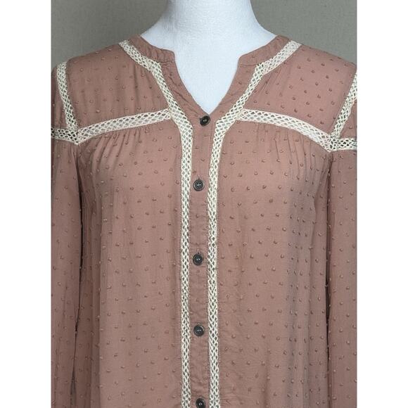 APEACH Women’s Top Blouse Sz Small Mauve Textured Lace Trim Long Sleeve Peasant - Picture 2 of 14